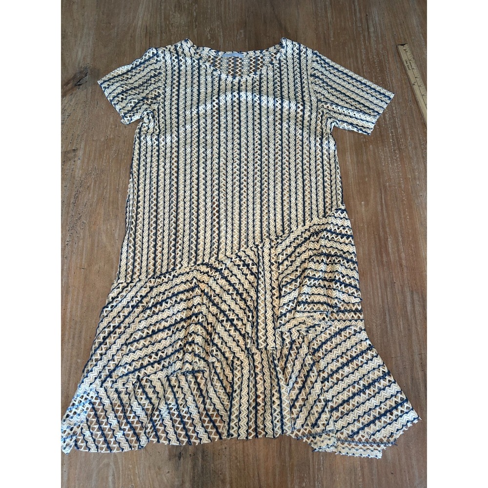 Zara Boho Blue Cream Crochet‎ Open Knit Asymmetrical Ruffle Midi Dress Small